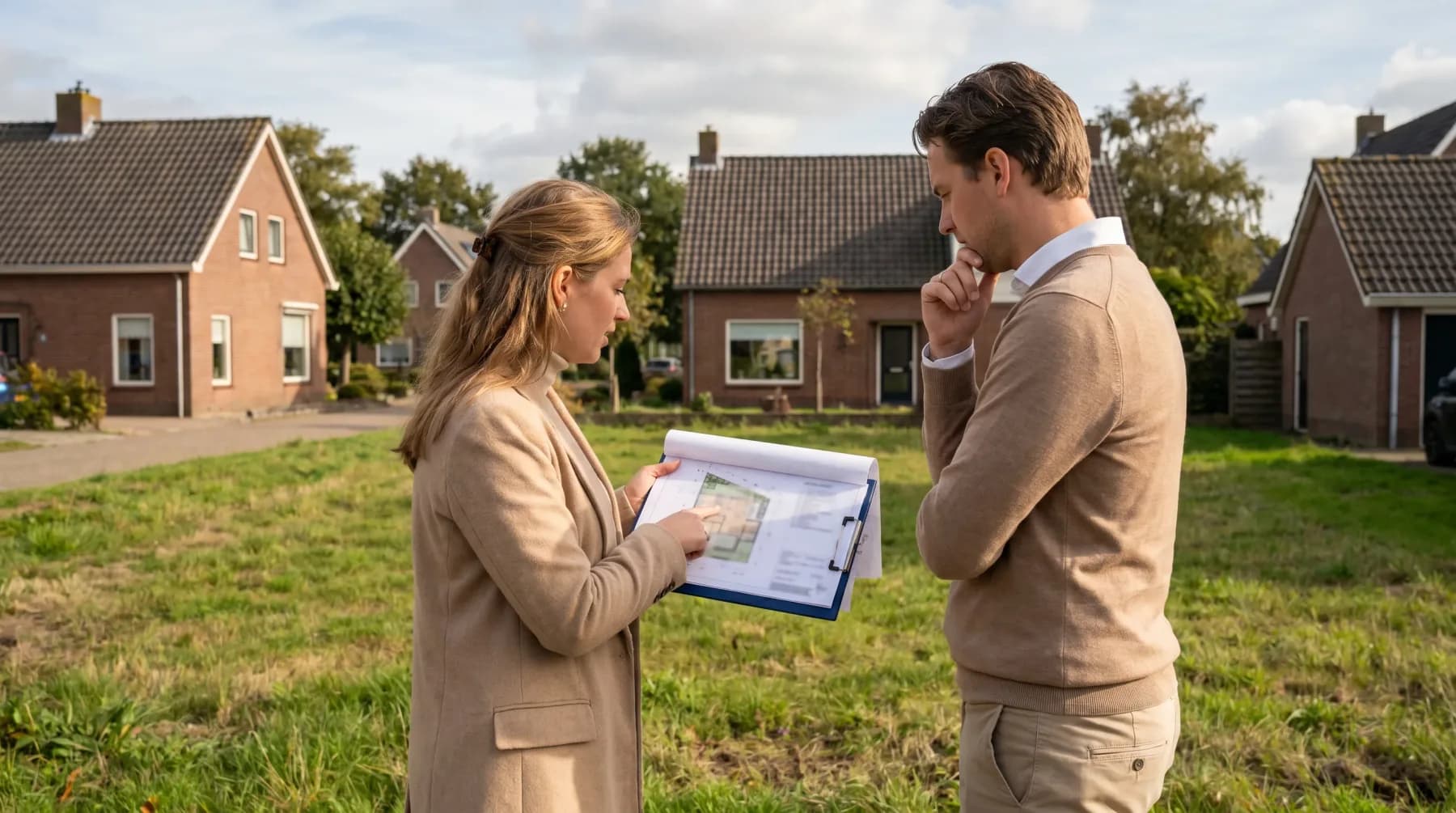 Nieuwbouwvoorbereiding met kavel en ontwerpbespreking in Nederlandse wooncontext