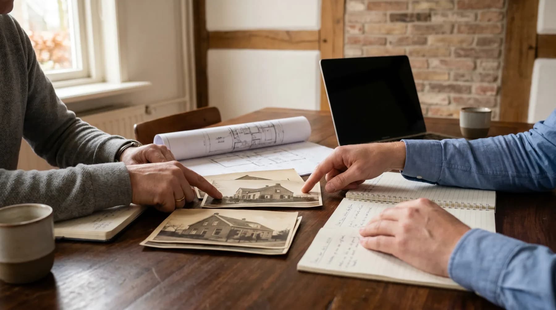 Renovatievoorbereiding met foto's van bestaande staat en plattegrond op tafel