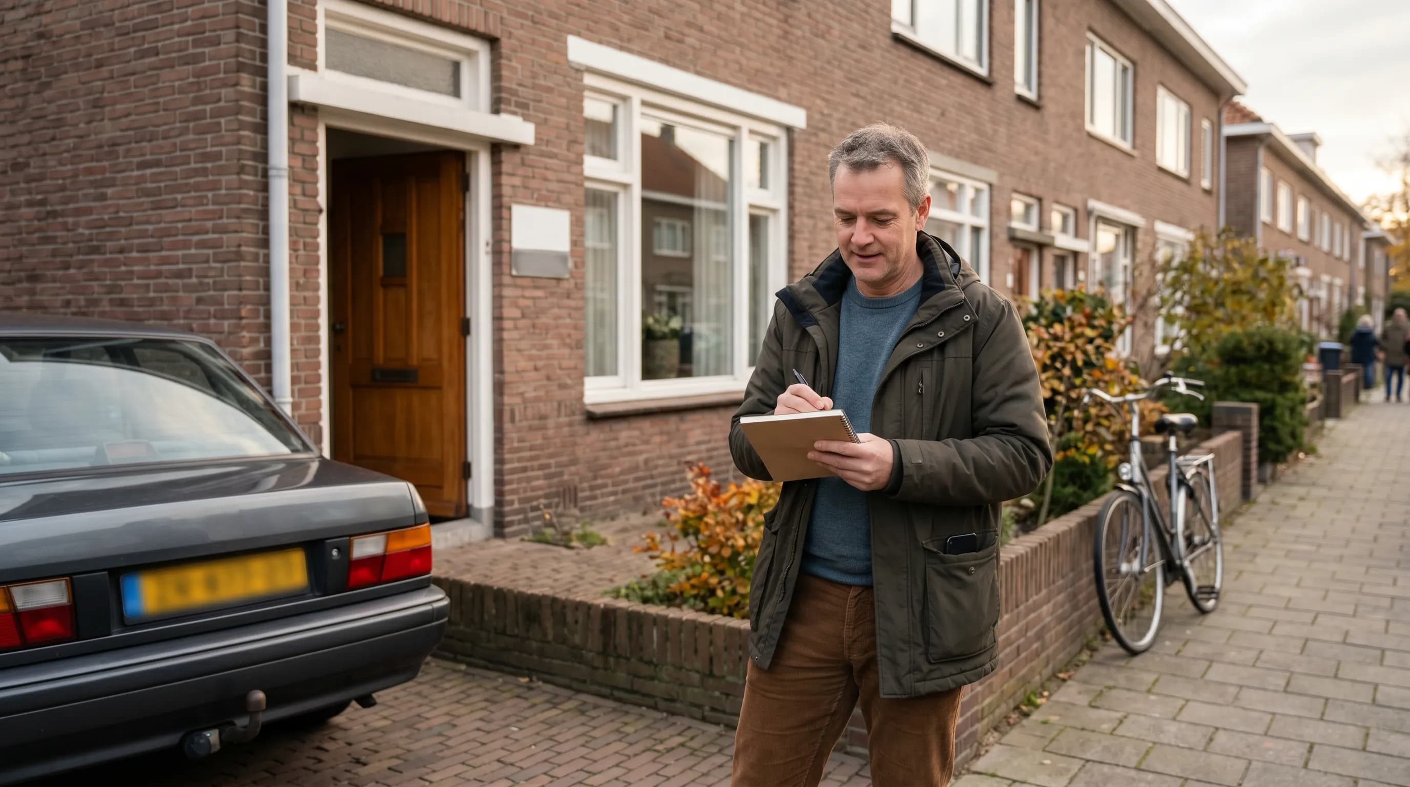 Een bouwkundig adviseur bespreekt na een woningbezoek de eerste stap voor een verbouwing.
