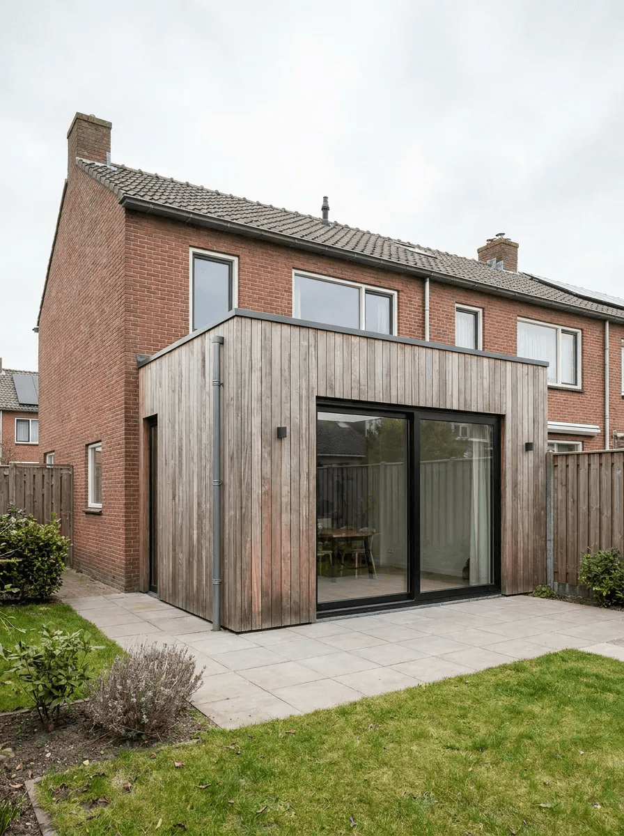 Moderne houten aanbouw aan een Nederlandse woning