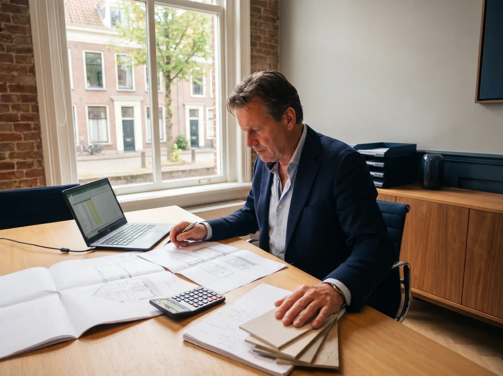 Calculator werkt een bouwbegroting uit naast tekeningen op een bureau