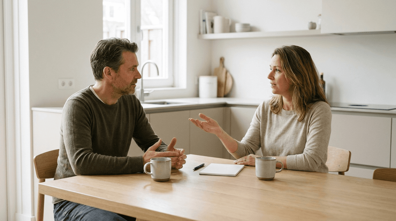 Twee particulieren bespreken thuis een bouwsituatie aan tafel.