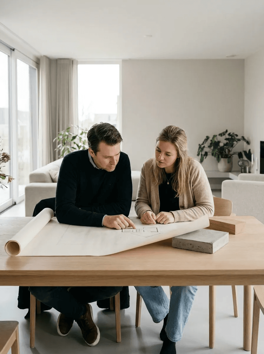 Bewoner en adviseur bekijken bouwkundige tekeningen zonder leesbare details