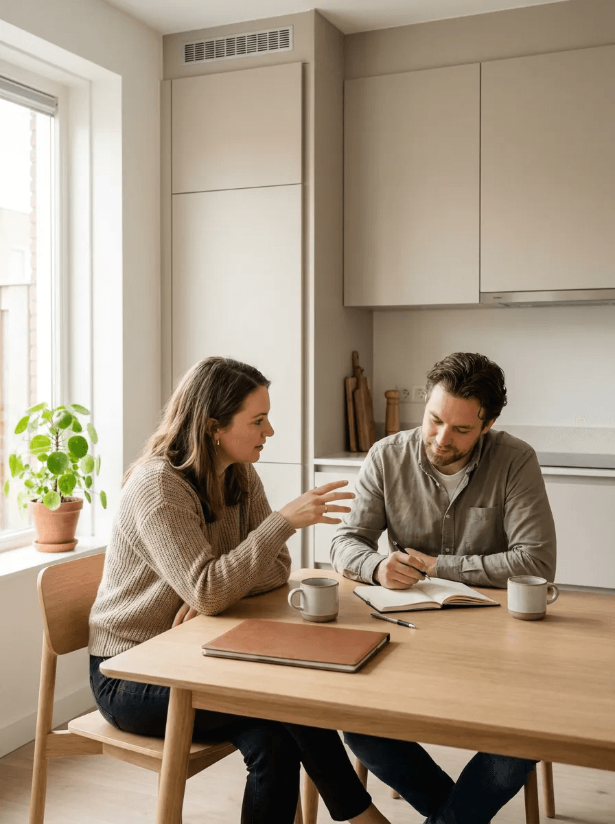 Kalm gesprek aan huis waarin een bouwsituatie wordt geordend